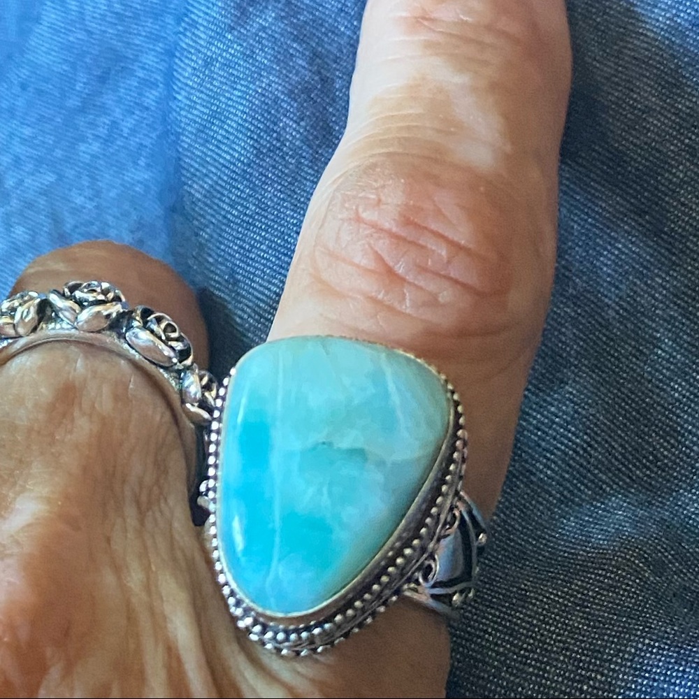 Vintage-Larimar & Sterling Silver Handcrafted Ring Size 9 - Picture 2 of 14